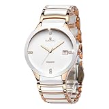 GUANHAO Keramik-Herrenuhren, schwarz-weißes Zifferblatt, Quarzuhrwerk, Kalender-Armbanduhren für Herren, Keramik-Band-Uhren für Herren, M-Whte Gold, modisch