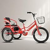 SRNSAEB Dreiräder Erwachsene Fahrrad Dreirad-Tandem für Kinder, ideal für Radfahren, für Ausflüge und Picknicks. Klappbares Zweisitzer-Cruiser-Fahrrad mit Sicherheitsgurt, Körben vorne und(Red,18in)