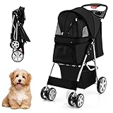 COSTWAY Hundewagen Haustiere Buggy, bis 15 kg, Hundebuggy mit Netzfenstern & Getränkehalter & Korb & Sonnenschutz, Faltbarer Katzenwagen, Katzenbuggy für kleine Hunde Katzen (Schwarz)