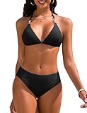 UMIPUBO Bikini Damen Set Sexy Triangel Neckholder Zweiteiler Bademode Bikinioberteil Tanga Bikinihose Badebekleidung Verstellbare Badeanzug Mit Perlen(Schwarz,L)
