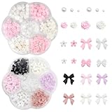 VEGCOO Nail Art Dekoration, 3 Teile Nail Charms 3D Rosa Weiße Schleife Blume Nagelsticker Blumen Gepaart Mit Perlen Nagel Steine Zum Heimwerken Charms Nägel Lifting Nail Art Charms