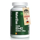 Vitamin d3 k2 kapseln hochdosiert - 20000I.E. + Vitamin K2 MK7 200 mcg pro Dosis, 180 Vegetarisch kapseln im Jahresvorrat, Ohne Zusätze, In Deutschland Produziert