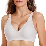 JOYTREE Glatter BH Damen Ohne Bügel mit tiefem V-Ausschnitt Klassische Nahtloser Bügelloser BHS Bequem Seamless Tshirt Bustier Soft Schlaf Bra mit zusätzlicher Verlängerung weiß M