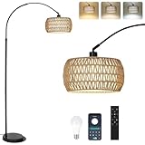 Rayofly Bogenlampe Wohnzimmer Stehlampe, Vintage Stehlampe mit Rattan Lampenschirm, Boho Stehlampe mit Fernbedienung und LED-Glühbirne, App-Steuerung, Dimmbar Stehlampe für Schlafzimmer Büro, Schwarz