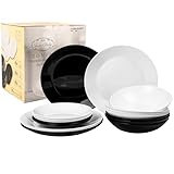 FESTA ITALIA Geschirrset 6 Personen - 18 Teilig - Tellerset aus Opalglas - Schwarz/Weiß Essgeschirr Set - Schüssel- und Tellerset - Modern Tafelservice - Teller - Essservice - Geschirr Set 6 Person