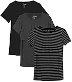 Sosolism 3er Pack Stillen Tshirt Kurzarm Stillshirt Sommer Rundhals Brusternährung Oberteil Freizeit Stilltop Postpartale Damen Schwarz, Dunkelgrau, Gestreift, Groß
