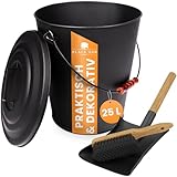 BLACK OAK Ascheeimer Santorini 25L – SET Schaufel & Besen groß 25 Liter schwarz rund mit Deckel Stahl feuerfest verzinkt & pulverbeschichtet Asche & Kohle Eimer ideales Zubehör für Kachelofen Holzofen