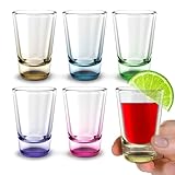Bunte Shotgläser - 6 x 2,5 cl Kleine Schnapsgläser Set mit schwerem Boden - Ideale Tequila Gläser, Vodka Gläser, Pinnchen, Stamperlgläser für Schnaps, Jägermeister, Korn