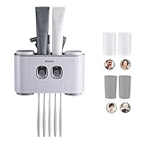 Yuning Zahnbürstenhalter, Wand-Zahnbürstenhalter mit doppeltem automatischem Zahnpastaspender, 5 Schlitze für Bürste, 4 magnetische Tassen, Zubehör für das Zimmer ohne Bohren, Grau