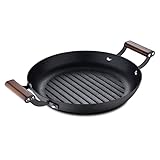 MasterPRO Odin - Parrilla redonda de 28 cm, antiadherente, asas ergonómicas de madera de acacia, ideal para cocinar en barbacoa, compatible con inducción y horno, sin productos tóxicos