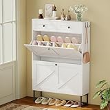 Nisorpa Schuhschrank mit 2 Kippfächern, Schuhschrank Schmal mit 2 Schubladen, Shoe Cabinet für Flur, Eingang, Wohnzimmer, 75 x 22 x 112 cm, Schuhkipper Weiss