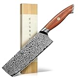 Freelander Damastmesser Nakiri Messer, Damast Küchenmesser Scharfes Kochmesser Profi Messer aus Hochwertigem Damaststahl mit Holzgriff, Hackmesser für präzises Schneiden, Hacken & Würfeln