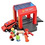 Dokeno Feuerwehrstation, Feuerwehr-Löschzug, Feuerwache mit Feuerwehr-Einsatzfahrzeug und Feuerwehrmann, Spielzeug Feuerwehr, Feuerwehr Zubehör für Kleinkind ab 3 Jahren, für Holzeisenbahnschienen