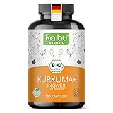Raibu BIO Kurkuma + Ingwer Kapseln mit Schwarzem Pfeffer - 180 Hochdosierte Curcuma Komplex Kapseln - Bio-Qualität, Ohne Zusätze & Vegan aus Deutscher Produktion