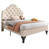 Azkoeesy Polsterbett mit Lattenrost, mit Kopfteil in Kronenform, für Kinder, Mädchen, Jugendliche, Bezug aus Samt, 90x200 cm, Beige