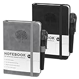 Notizbuch A6, 2 Stück Notizbücher A6, 80 GSM Papier, 14,5x9,9cm, 192 Seiten Notizblock Blanko mit Gummizug, Taschen Notizbücher aus PU Leder für Schule, Arbeit und Meetings (Schwarz & Grau)