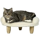 PawHut Hundesofa, Hundebett, Haustiersofa mit Erhöhtem Design, Hundecouch, Katzensofa, Hundesessel mit Holzbeine, Flanelle, Creme, 47 x 40 x 20 cm