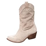 Generisch Weite Waden Reitstiefel Für Damen,Damen Frühling Und Winter Mid Stiefel,Dicker Absatz,Spitze Zehen,Einfarbig Blockabsatz,V-Ausschnitt,Persönlichkeit Cowboy Stiefel