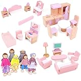 TradeWings Holz Puppenhaus Zubehör Möbel, Puppenhaus Möbel Holz Set, 28 Teilige Möbel mit 6 Familienpuppen, Miniatur Möbel Spielzeug, Puppenhausmöbel Mädchen Jungen Geschenk ab 3+