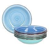 MamboCat Blue 6x Suppen-Teller I Robustes Steingut-Geschirr für 6 Personen I Tiefes Set Mit Modernem Strudel-Dekor in Tollen Blautönen