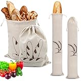 4 Stück Brotbeutel Wiederverwendbare Leinen Brotbeutel mit Kordelzug Brotsack zum Frischhalten Baguette Tasche Brot Aufbewahrung Brot Backen für Baguette Brotsack Obst Brot Gemüse(39×29cm/64×14.5cm)