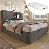Aunvla Polsterbett 90x200 cm Einzelbett mit verstecktem Becherhalter & Ladestation, Hydraulisches Bett mit Stauraum unter dem Bett, Inkl. Lattenrost, Leinen Grau(Mit Matratze)