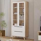 Forte VANKKA Vitrine 85, Vitrinenschrank mit 2 Glastüren und 2 Schubladen, Holzwerkstoff, Planked Eiche Dekor/Weiß, 84,7 cm breit, 201,5 cm hoch, 42 cm tief