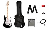 Squier by Fender Sonic Stratocaster Electric Guitar Pack, Maple Fingerboard, Black, Gig Bag, Squier Frontman 10G Amp - 230V EU, Inklusive kostenloser virtueller Kurse auf Fender Play