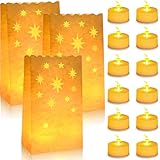12 Stück LED Teelichter mit Lichttüten 12 Papier Kerzentüten Flammenloses Batterie Kerzen Realistische Elektrische Kerzen Weiß Candle Bags für Hochzeit, Jahrestag Feier, Halloween, Weihnachts (Sterne)