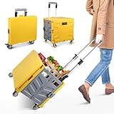 Einkaufstrolley Klappbar, Transport Trolley, bis 50 kg, 50 l Kiste, Einkaufskorb mit Deckel, Ausziehbarer Alu Ausziehgriff, 4 um 360° Drehbare Metallrad, 103 x 43 x 38 cm (Gelb Grau)