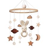Mobile Baby Holz Mobile Babybett Bettglocke Windspiel baby mit Wolken Sterne Abnehmbar Häkelnadel Kaninchen Baby Mobile Spielzeug, Babyzimmer Dekoration Geschenk für Mädchen Jungen