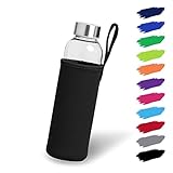 NOMA Glasflasche 0,5l mit Neoprenhülle | Trinkflasche aus Glas in 500ml, 600ml & 1000ml mit Schutzhülle und Edelstahldeckel | Wasserflasche für Sport, Büro, Schule & Outdoor | Schwarz