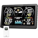 Wetterstation Funk mit Außensensor, Digital Farbdisplay DCF Funkuhr Innen und Außen Thermometer Hygrometer, Funkwetterstation mit Wettervorhersage, Temperaturwarnung, Barometer und Mondphase (Schwarz)