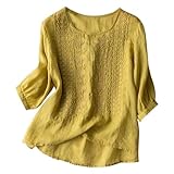 2025 Besticktes Baumwoll-Leinen-T-Shirt für Damen, lässiges Oberteil mit lockerer Passform Blusen Damen Träger (Yellow, XL)