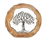 Lifestyle & More Moderne Skulptur Dekofigur Lebensbaum im Kreis aus Aluminium auf Sockel aus Mangoholz Silber/braun D 35 cm