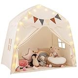 COSTWAY Spielhaus Kinder Indoor, Kinderzelt mit Flaggen & Lichterketten, Prinzessin Spielzelt, Großes Zelt Kinderzimmer für Jungen und Mädchen ab 3 Jahren, 157 x 98 x 148 cm (Beige)