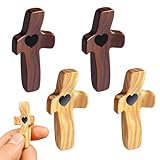 4 Stück 5 x 2.5 cm Geschnitztes Holzkreuz, Handschmeichler Holzkreuz mit Herzen, Handgeschnitztes Liebeskreuz aus Holz mit Herzen, Geschnitztes Handschmeichler, für Gebet, Meditation und Entspannung