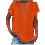 KOG Damen T-Shirt Casual Leinenshirt Blusen Elegante Kurzarm Tuniken Bluse Große Größen Leinen Tshirts Frau Rundhals Slim Fit Warehouse Deals Angebote Orange L