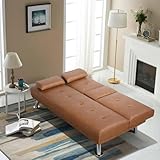 Zhyilut 3er-Sofa Schlafsofa Couch mit Tassenhalter Gästebett, Rückenlehne neigbar 105°/140°/180°, 167 x 81,5 x 75 cm, 350 KG belastbar, braun Kunstleder