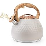 ERWEY 3L Moderne Wasserkessel Induktion Pfeifkessel aus Edelstahl, Teekessel für alle Kochplatten, Flötenkessel mit Holz-Farbe Griff, Wasserkocher für Tee Kaffee, Beige
