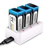 Keenstone 9V Akku, 9V Block Batterien, 3 Stück PP3 Li-Ion 800mAh Wiederaufladbare Akku mit 3Slots Ladegerät, USB Ladekabel für Tastatur Mikrofon Rauchmelder