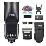 Godox V100C 2,4G kabelloser Kamerablitz 100W Rundkopf Speedlite 1/8000s 2980mAh AKKU Eingebaute LED-Einstelllampe mit abnehmbarem Sub-Blitz+24 Stück Blitzgele für Canon R10 R8 R7 R6 R6 Mark II R5