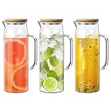 3 Sets Glaskrug mit Deckel, 1,417.5 g / 1500 ml Wasserkaraffe mit Griffen Heißes Kaltgetränkewasser Glas Krug (Bambusdeckel)