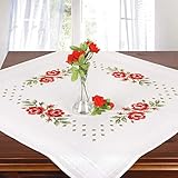Ernst Schäfer Stickpackung ROTE ROSEN, vorgezeichnetes Kreuzstich Tischdecken Set zum Sticken, Stickset mit Stickvorlage zum Selbersticken, Weiß, 80 x 80 cm