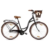 Goetze Style 28 Zoll Damen Citybike, 18 Zoll Tiefeinsteiger Aluminiumrahmen, 3-Gang Nabenschaltung, Rücktrittbremse, V-Bremse, LED-Beleuchtung, Rattankorb, Komfortsattel, mit Ständer & Klingel