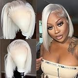 RHAH 60# platingrau-blonde Perücke für Frauen, weiß, transparent, Spitze vorne, 30,5 cm (12 Zoll), weiße Bob-Spitzenfront mit Babyhaar, vorgeflockt
