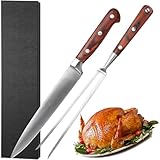 GiReich 2 Teiliges Tranchierbesteck Set, Grill Besteck aus Rostfreiem Edelstahl mit Holzgriff, Koch und Küchenzubehör, Fleischmesser und Fleischgabel Bratengabel