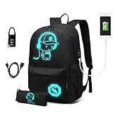 KONO Schulrucksack Unisex Teenager mit Fluoreszierendem Muster, Leicht & Wasserdicht für Schule, Reise (30x17x48cm) (Schwarz)