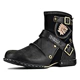 OSSTONE Herren leder chukkastiefel Worker biker boots-motorrad-leder-schuhe für reißverschluss Schnürstiefeletten boots 5008-1-D2 Retro Schwarz 10