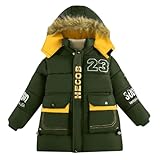 linboo Warme Winterjacke Jungen Parka Fleece Mäntel mit Fellkapuze Kinder Wintermantel Baumwolle Jacke Gefütterte Winddichtes Winterparka, Grün, 128(Herstellergröße: 130)